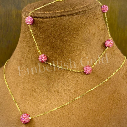18K Real Saudi Gold Pink Swarovski Necklace And Bracelet Set 146 - Embellish Gold