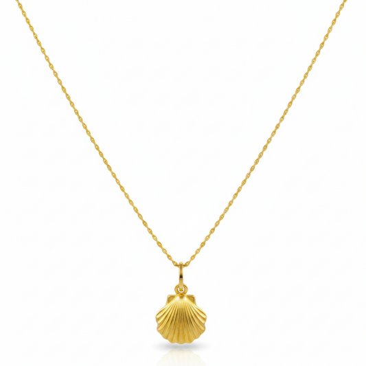 Gold necklace with a shell pendant on a white background