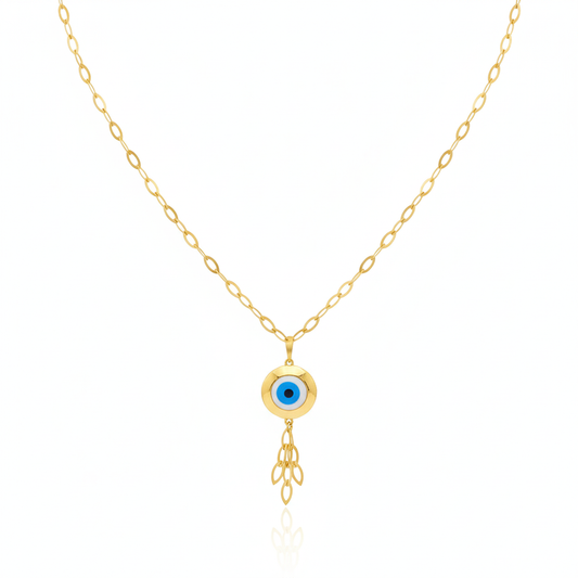 18k Real Gold Round evil eye with hanging chain