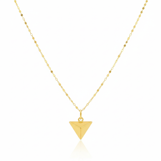 Gold triangle pendant necklace on a white background