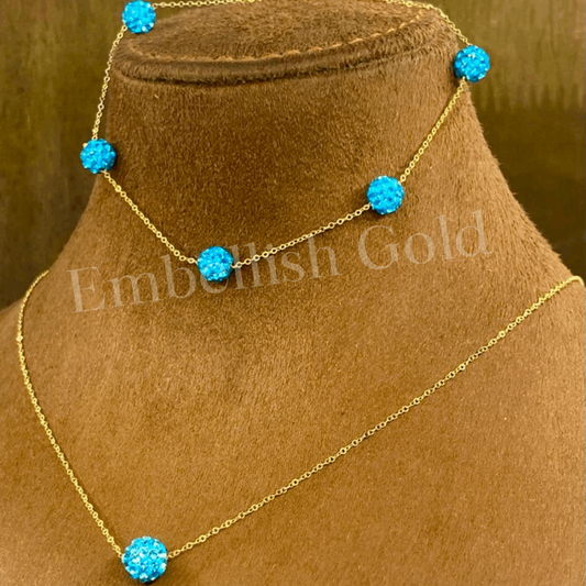 18K Real Saudi Gold Blue Necklace And Bracelet Set 142 - Embellish Gold