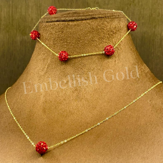 18K Real Saudi Gold Red Swarovski Necklace And Bracelet Set 145 - Embellish Gold