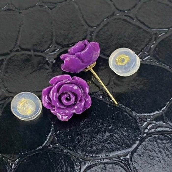 18k Real Saudi Gold Purple Flower Earrings 077