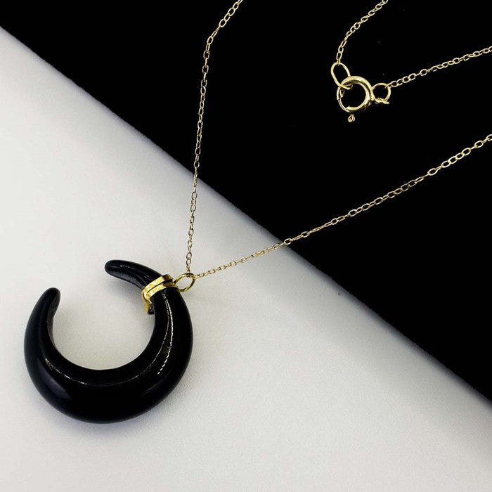 18K Real Saudi Gold Black Tiger Stone Crescent Necklace 028