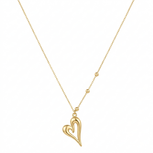 Gold necklace with a red pendant featuring Greek letters on a white background