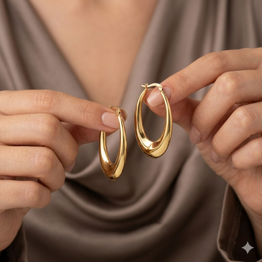 Gold hoop earrings held by a person against a neutral background