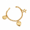 Gold bracelet with heart, shell, and star charms on a white background