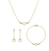 Gold heart-shaped jewelry set including necklace, bracelet, and earrings on a white background