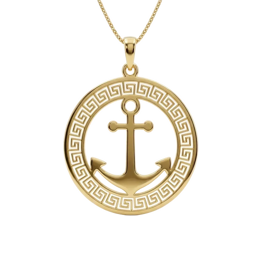Gold anchor pendant with greek key design on a white background