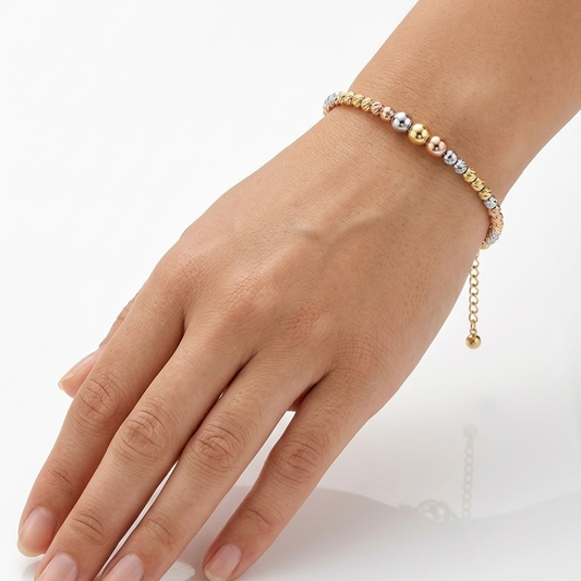 18k Gold Tri-color Dia Cut Ball Bangle