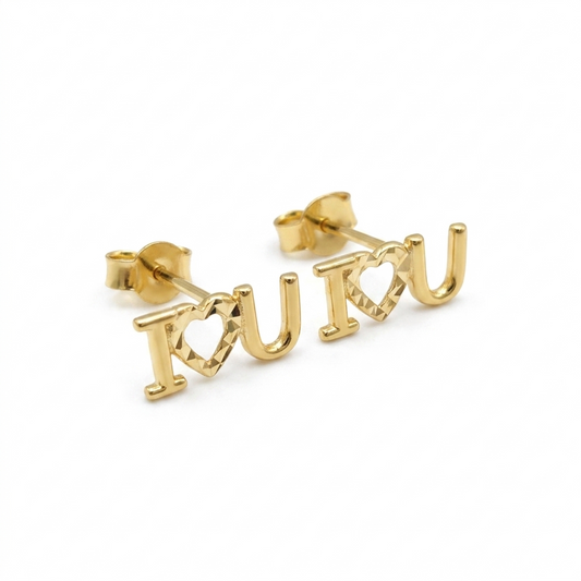 Gold 'I love you' earrings on a white background