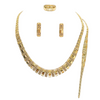 Gold jewelry set including necklace, earrings, and ring on a white background