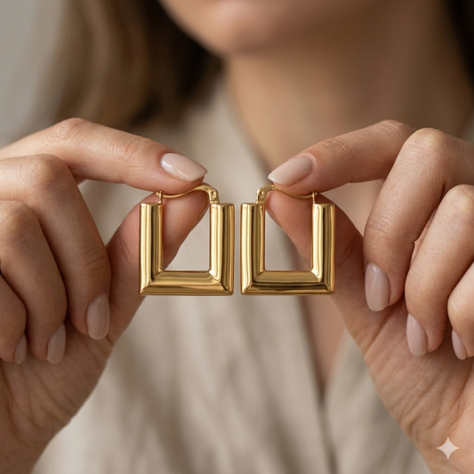 Gold hoop earrings held between fingers against a neutral background
