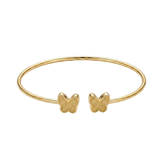 Gold bracelet with butterfly charms on a white background