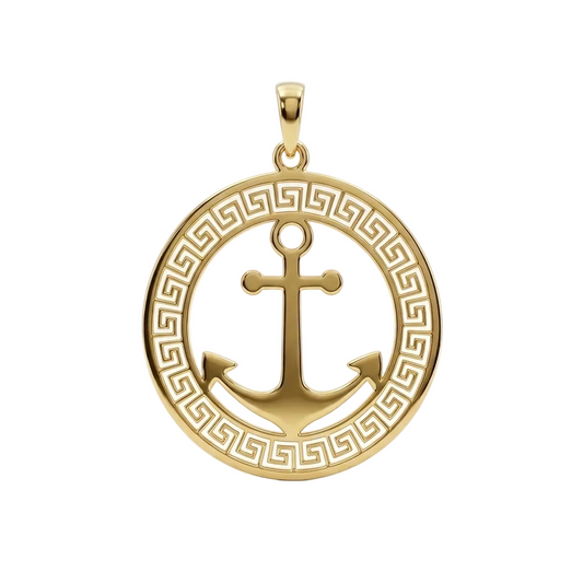 Gold anchor pendant with greek key design on a white background