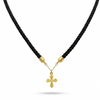 Black cord necklace with a gold cross pendant on a white background