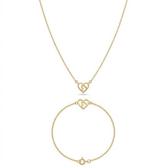 Gold necklace and bracelet set on a white background