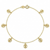 Gold bracelet with circular charms on a white background