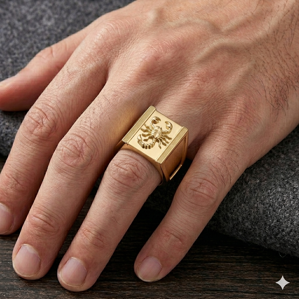 Gold ring on a person's finger with a textured design, set against a dark background.