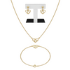 Gold jewelry set with necklace, bracelet, and heart-shaped earrings on a white background