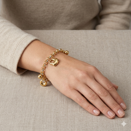 Gold bracelet on a hand against a neutral background