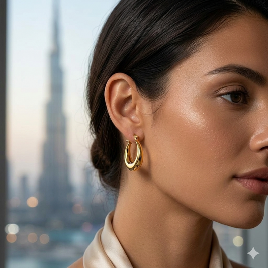 Close-up of a woman wearing gold hoop earrings with a blurred cityscape background