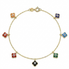 Gold bracelet with colorful evil eye charms on a white background
