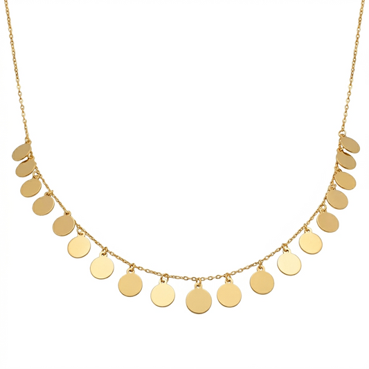 Gold necklace with round pendants on a white background