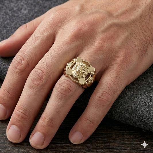 Gold ring with a lion design on a person's finger against a dark background