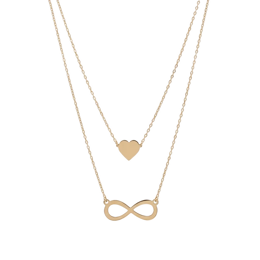 Two gold necklaces on a white background, one with an infinity symbol and the other with a heart pendant.