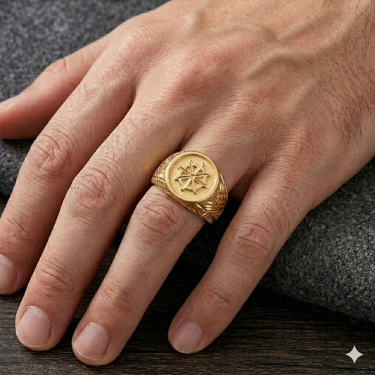 Gold ring with a compass design on a person's finger against a dark background