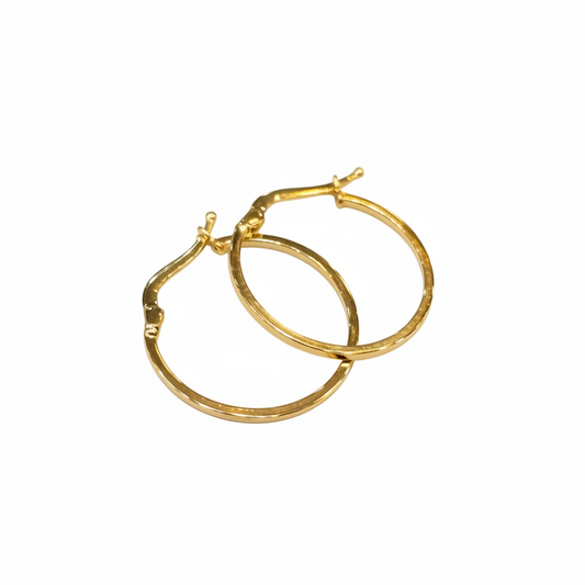 Gold hoop earrings on a light gray background