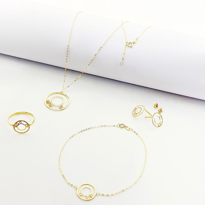18K Real Gold 3 Stone Circle Set