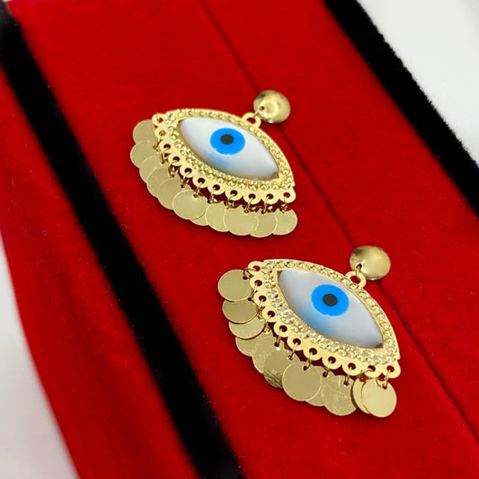 18K Real Gold Evil Eye With Round Hanging Earrings
