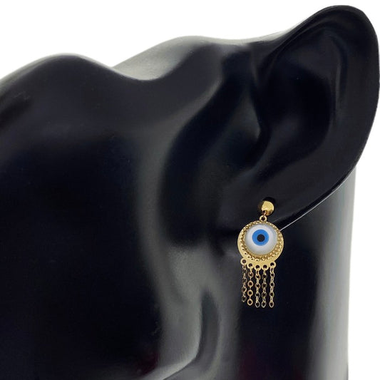 18K Real Gold Round Evil Eye Hanging Earrings