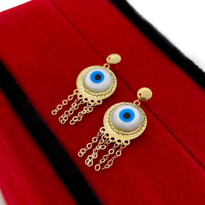 18K Real Gold Round Evil Eye Hanging Earrings