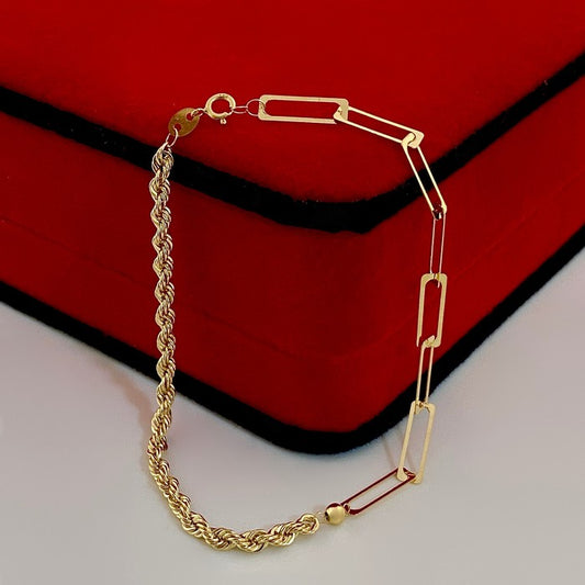 18K Real Gold Paper Clip With Rope Chain Bracelet