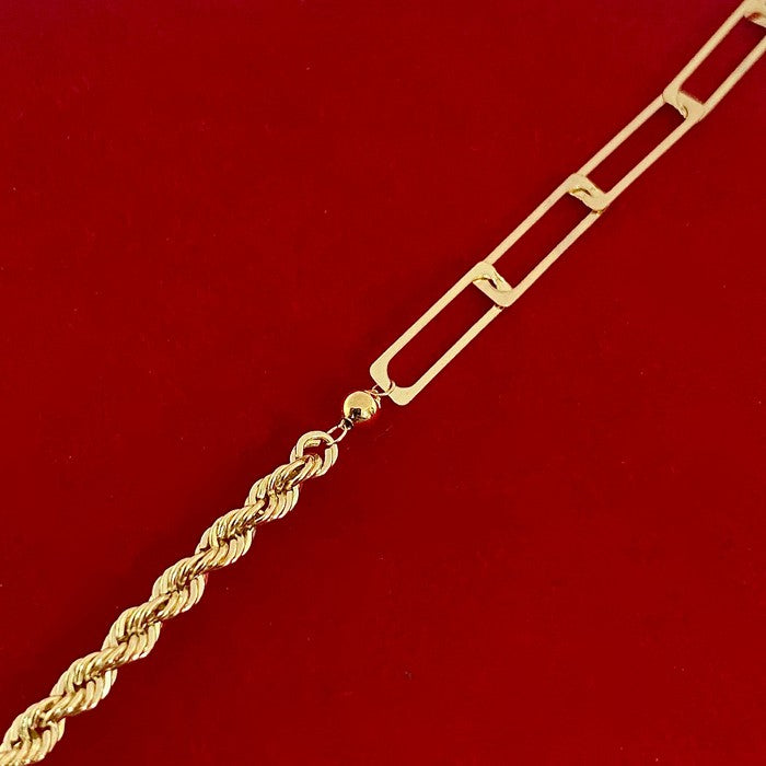 18K Real Gold Paper Clip With Rope Chain Bracelet