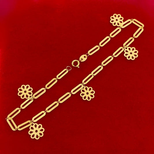 18K Real Gold 5 Flower Paper Clip Bracelet