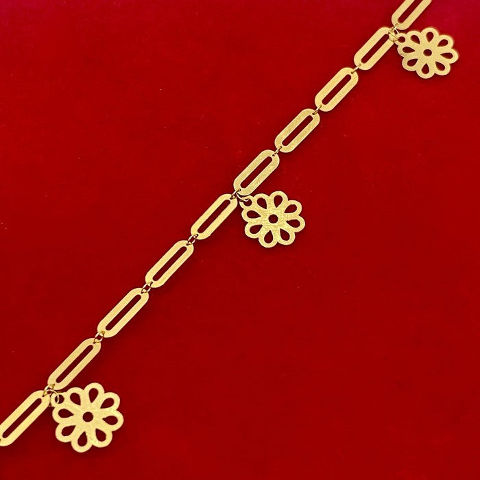 18K Real Gold 5 Flower Paper Clip Bracelet