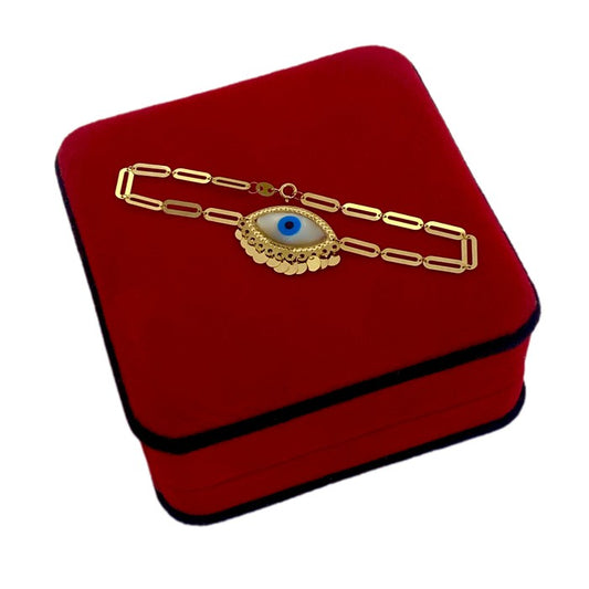 18K Real Gold Big Evil Eye With Paper Clip Bracelet