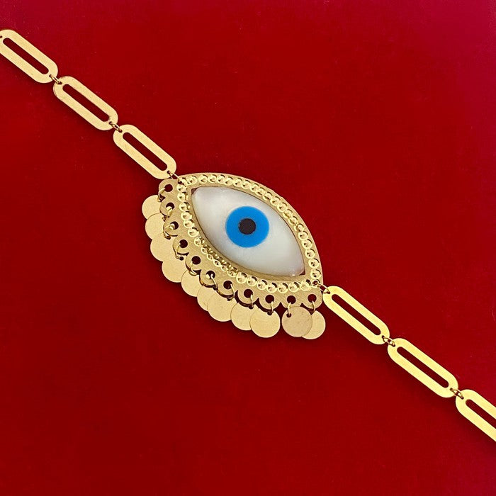 18K Real Gold Big Evil Eye With Paper Clip Bracelet