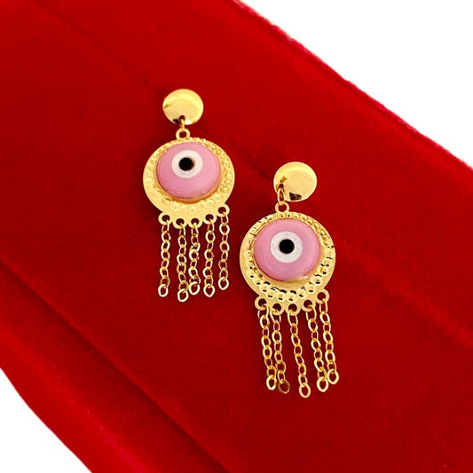 18K Real Gold Pink Evil Eye Hanging Earrings
