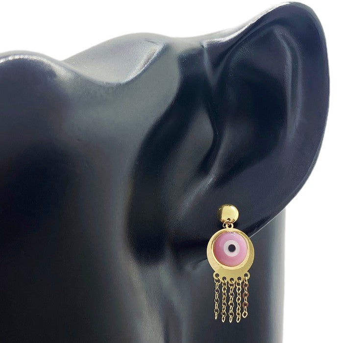 18K Real Gold Pink Evil Eye Hanging Earrings