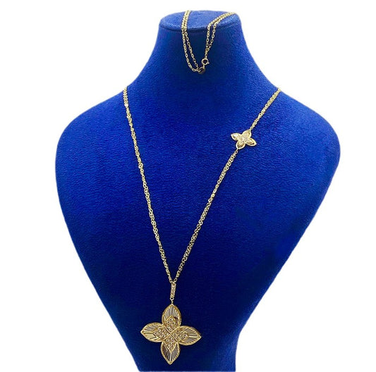18K Real Gold Dual Chain Roberto 2 Flower Long Chain Necklace
