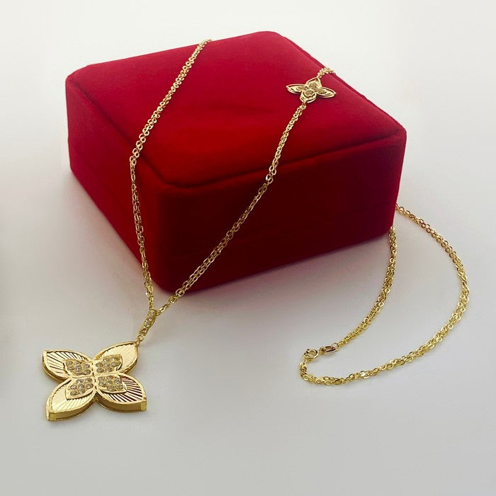 18K Real Gold Dual Chain Roberto 2 Flower Long Chain Necklace
