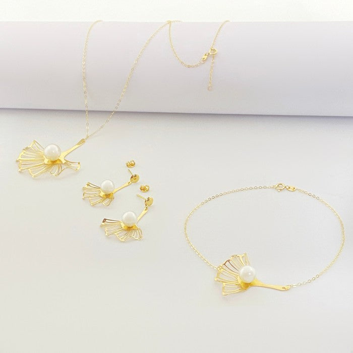 18K Real Gold Pearl Flower Set