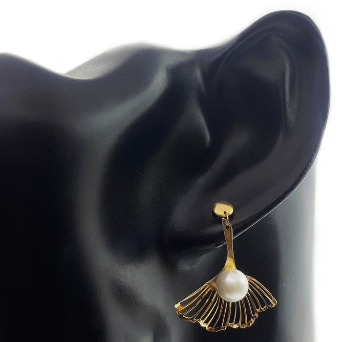 18K Real Gold Pearl Flower Earrings
