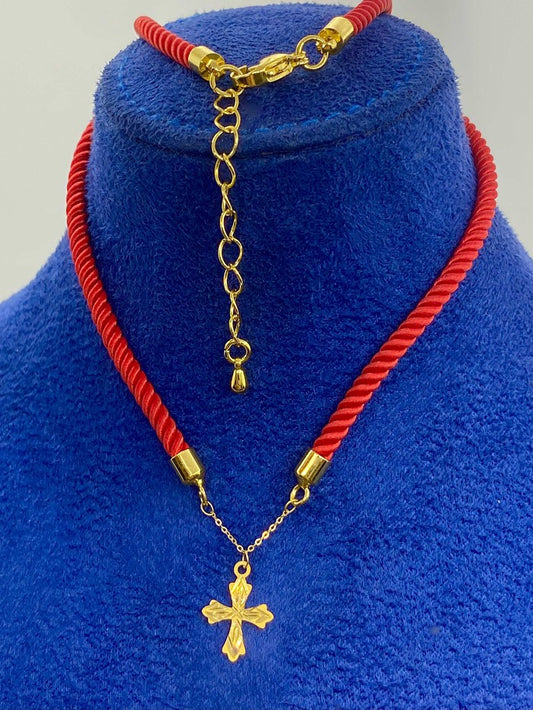18K Gold cross pendant with Red thread adjustable necklace - Embellish Gold