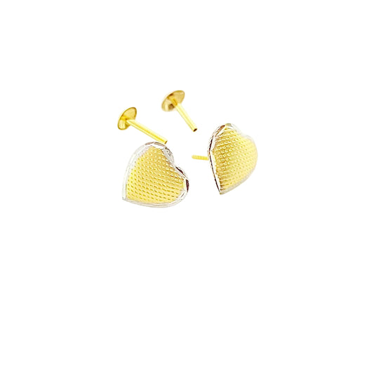 Heart-shaped gold stud earrings with textured pattern on white background